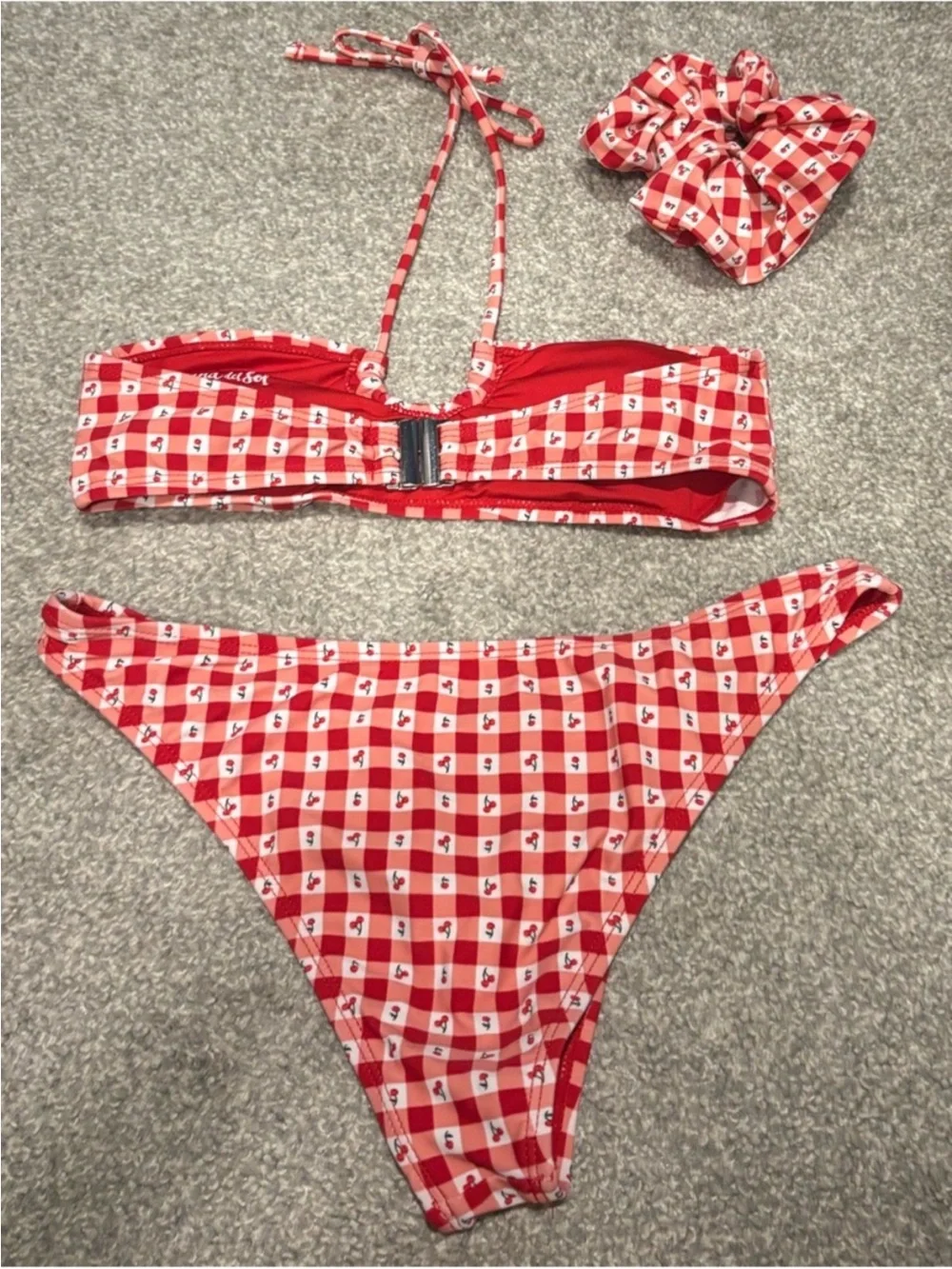 Cabana del Sol Red Cherry Gingham Two-Piecec Bikini Set with Scrunchie
